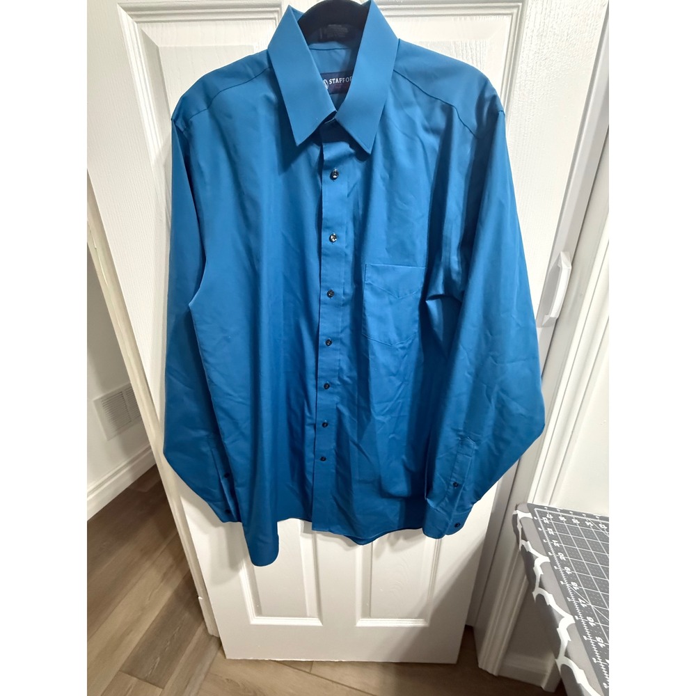 Stafford Performance Men Teal Blue Broadcloth Dress Shirt 16.5 38-39 X-Tall
